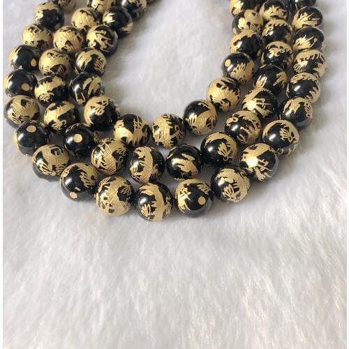 10beads/lot Natural Black Onyx Agat e 8mm 10mm 12mm Gold Dragon Craved Beads,Hand Craving Dragon Loose beads for jewelry