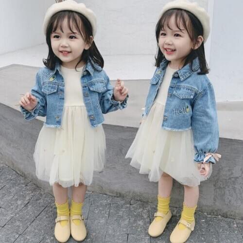 DFXD Children Girls 2pc Princess Clothes Set 2020 Spring Korean Fashion 1-7Yrs Embroidery Denim Jean Coat+Long Sleeve Yarn Dress