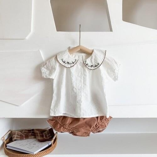 2pcs/set Fashion Summer Baby Girls Clothes White Embroidered Collar Shirt T-shirt+Solid Color Triangle Shorts Romper Set Outfits