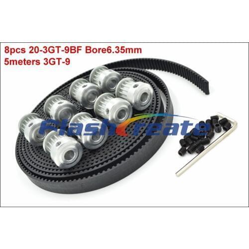 8pcs 20 Teeth 3GT Pulley Bore 5/6.35/8mm + 5meters 3GT Rubber Synchronous Belt Width 9mm GT3 Timing Belt Pulley 20Teeth 20T 3GT