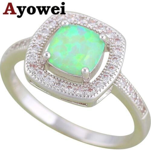 Ayowei brand Square style design Green fire Opal Silver Stamped Crystal Rings fashion jewelry USA size #6 #7 #8 #9#10 OR899A