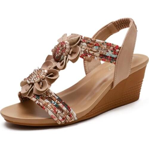 Fashion 2021 Party Women Sandals Elegant Flowers Summer Wedges Heel Women Shoes Wedding Shoes Retro Large Size Gladiator Sandals