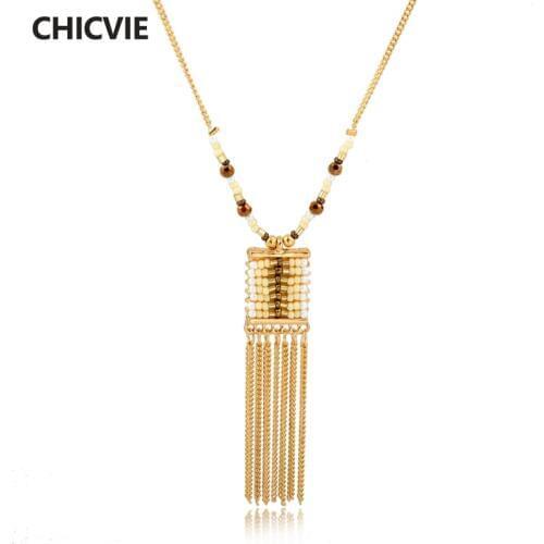 CHICVIE Crystal Long Statement Tassel DIY Necklaces For Women Love Boho Natural Stone Beads Gold Color Ethnic Jewelry SNE150882