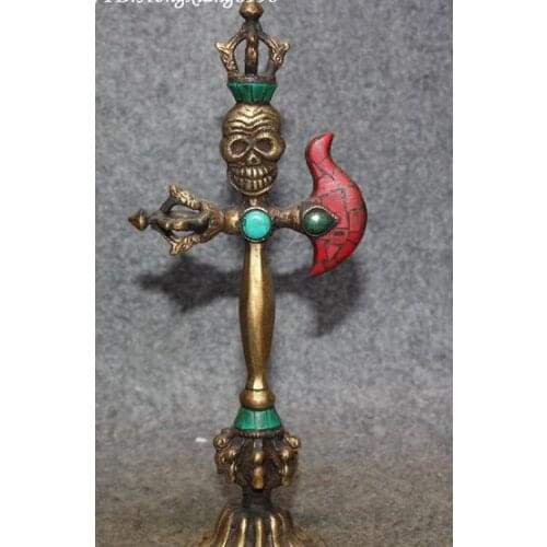 Pure Copper Gilt Brass Old Tibet Religion Turquoise Coral Bronze Buddhism Bone Skull Head Phurba Dagger Holder Staturoom Art