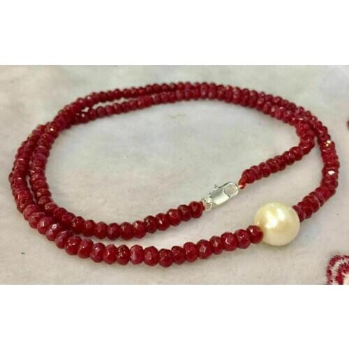 Long 18"9-10mm White Freshwater Pearl & 2x4mm Red Ruby Necklace