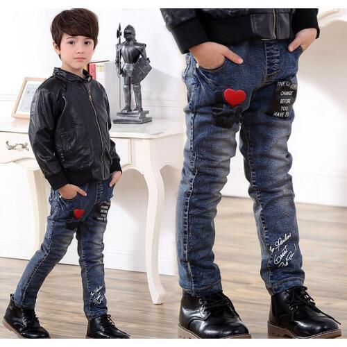 2017 Spring Children Jeans Boys Red Heart Jeans Pants Light Wash Boys Jeans for Boys Casual Elastic Waist Childrens Jeans 3-10T