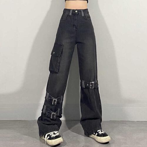 Multi-pocket tooling black jeans female ins tide function retro street wild loose straight high waist trousers