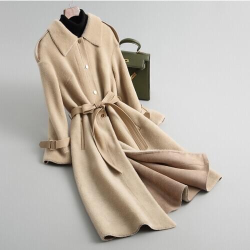Elegant Cashmere Coat Long Square Collar Slim Fitting Wool Fur Jacket Female Single Breasted Double-faced Fur Camel Outwear