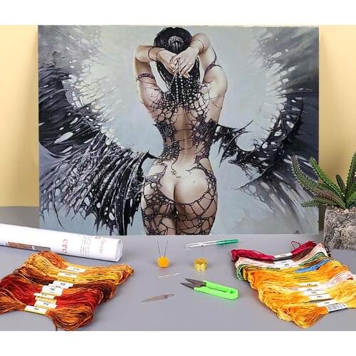 Black Angel Beauty Printed Water-Soluble Canvas 11CT Cross Stitch Complete Kit Embroidery DMC Threads Handmade Wholesale