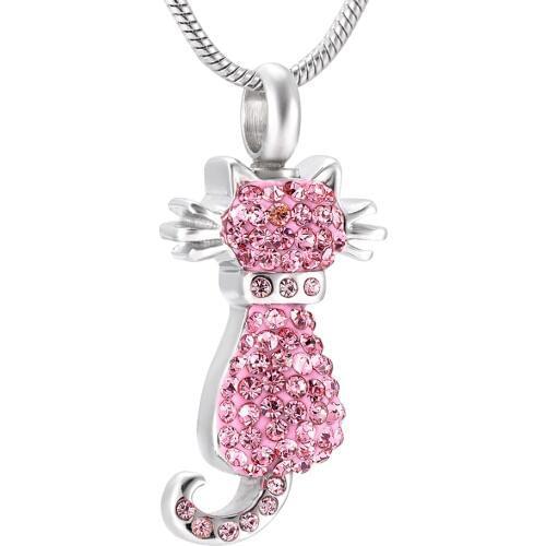 IJD9921 Shining Crystal Cat Cremation Urn Pendant Women Charm Wholesale Stainless Steel Funeral Keepsake Ashes Necklace for Pet