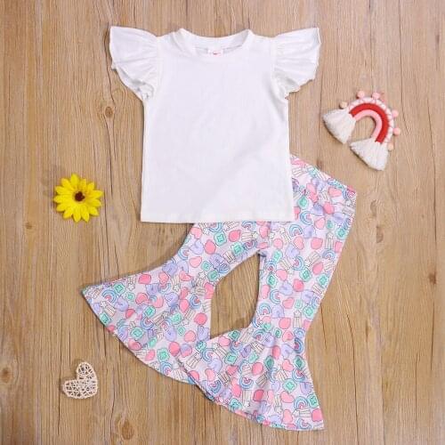 2pcs Kids Girls Clothes Sets 1-6Y Ruffles Fly Sleeve Solid T Shirts Tops Rainbow Printed Flare Pants