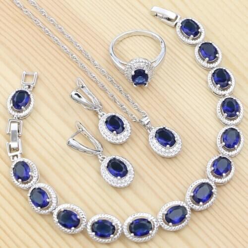 Blue Cubic Zirconia 925 Sterling Silver Jewelry Sets Women Necklace/Earrings/Bracelet/Pendant/Ring Silver Set