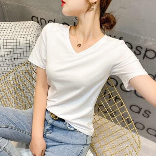 Summer 2021 cotton loose V-neck short sleeve solid white slim T-shirt