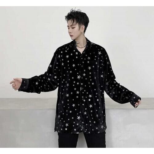 Fashion Mens Velvet Shirt Oversized Inspired Start Rhinestone Overshirt Black Loose Hip Hop Streetwear Long Sleeve Shacket