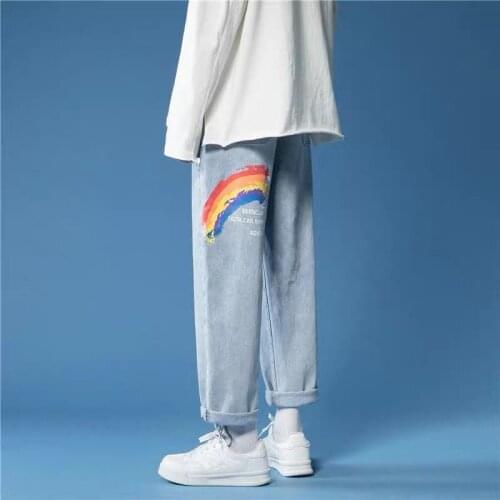 Cool Rainbow Print Fashion Jeans Girls Boyfriend Straight Pants Boys Trousers Harajuku Jean Denim Bagge Cool Autumn Jeans Girls