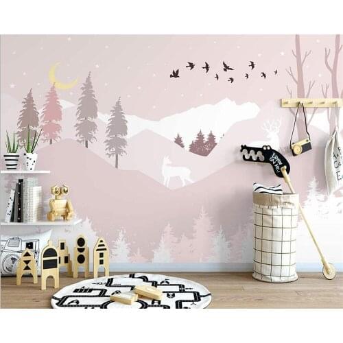 Custom size mural wallpaper wall painting forest deer cartoon mountain peak children bedroom background wall Papel De Parede