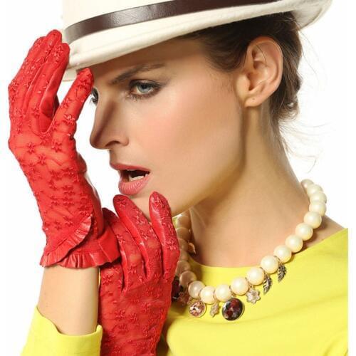 Hot Sale New arrival Female Lace Genuine Leather Gloves Unlined Nappa Lambskin Women Driving Sunscreen Gloves Free Shipping