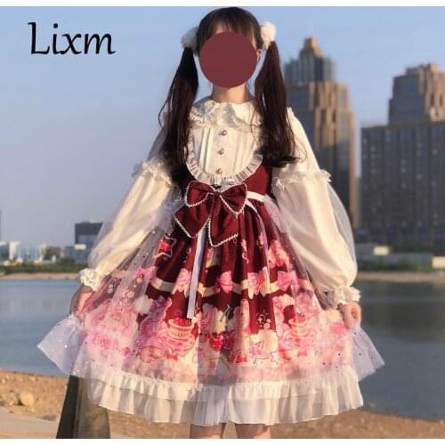 Sweet lolita dress bear strawberry cake tea party print jsk sleeveless dress vintage Kawaii victorian kawaii princess dress