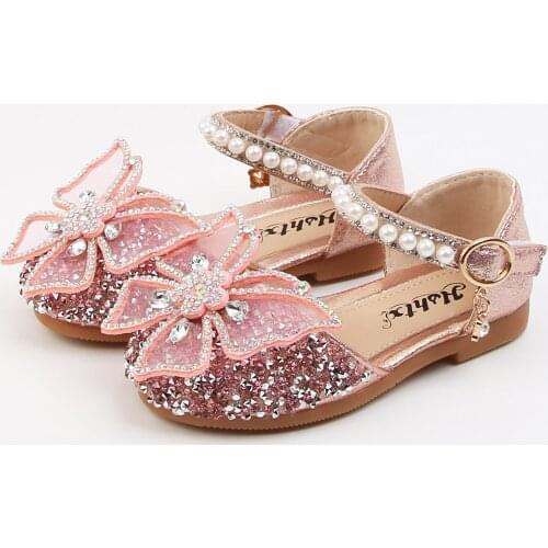 2021 Princess Kids Leather Shoes For Girls Flower Casual Glitter Children High Heel Girls Princess Shoes Butterfly Knot Sandals