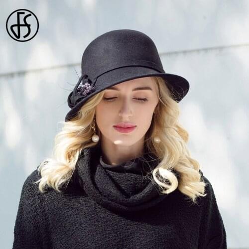 FS Wide Brim Wool Black Cloche Hat 2020 Winter Fedora Hats For Womens Felt With Flowe Floppy Chapeau Fedoras Lady Top Cap Gorros