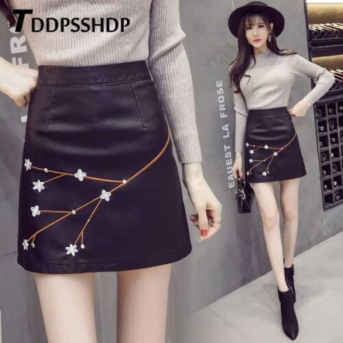 2019 Spring Embroidery Flower Women Pu Leather Skirt 2019 High Waist A Line Female Skirts