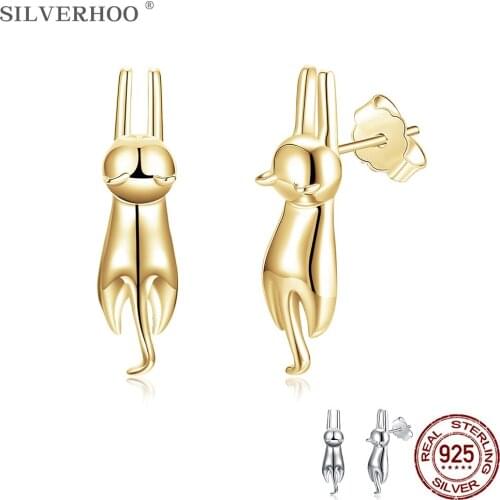 SILVERHOO 925 Sterling Silver Earrings For Women 2 Colors Minimalist Cat Shape Cute Stud Earring Hot Selling Party Fine Jewelry