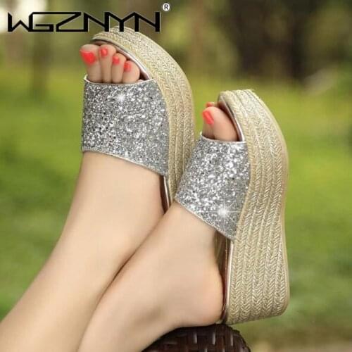 2021 High Heel Platforms Slippers for Women Summer Bling Sequins Open Toe Plus Size Beach Casual Shoes Height Increase Slipper