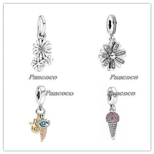 925 Sterling Silver Charm Pave Ice Cream Cone With Pink & Clear Crystal Beads Fit Women Pandora Bracelet & Necklace DIY Jewelry