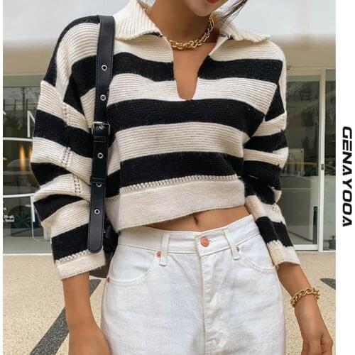 Genayooa Striped Sweater Pullover Female Casual Loose Knitted V Neck Sweater Women Long Sleeve Laides Jumpers Korean Fashion