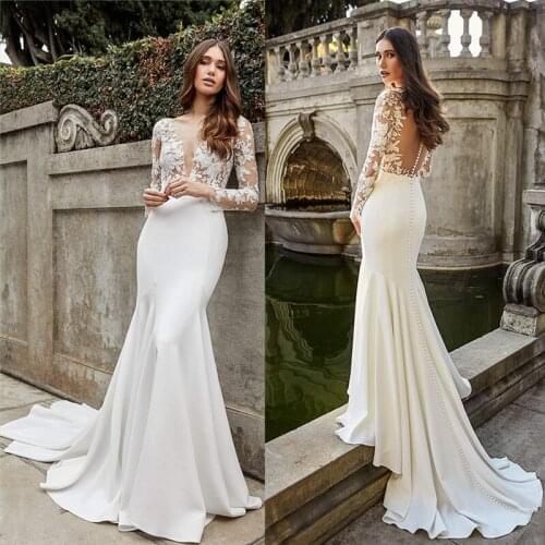 Deep V-Neck Mermaid Wedding Dress Long Sleeves Elegant Wedding Gowns Backless Lace Appliques Bride Dress Vestidos De Novia 2020