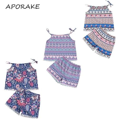 2021 2-7Y Kids Baby Girl Clothing Boho Floral Geomertric Print Sleeveless Crop Top+Shorts Summer Holiday 2pcs Set