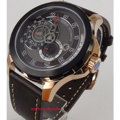 44mm Parnis black dial date PVD case Sapphire glass miyota Automatic Mens Watch