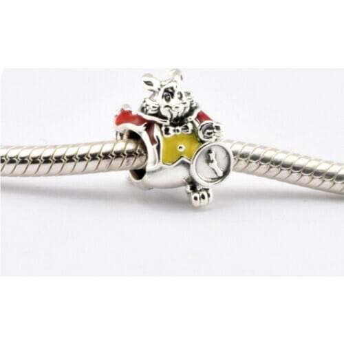 Time Clock White Rabbit Cartoon Beads for Silver 925 Original Charms Bracelets DIY Jewelry Color Enamel Beads for Jewelry Making