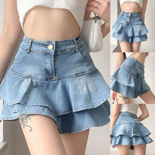 Women High Waist A-Line Mini Cake Jeans Skirt Vintage Washed Pleated Ruffles Layered Tiered Casual Slim Denim Streetwear