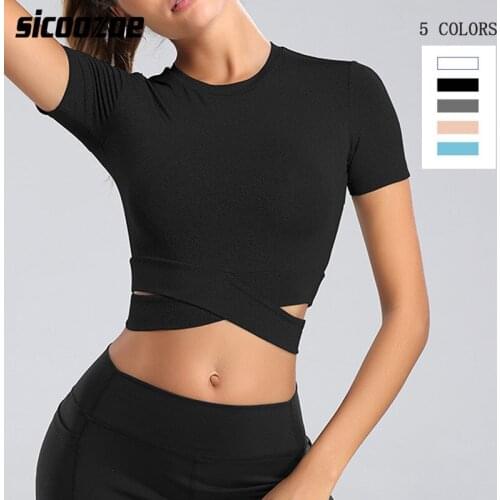 Womens Cross Sports T-shirt,Solid Color Tight Navel Fitness Yoga Shirts, Gym Running Short Sleeve Workout Crop Tank Top