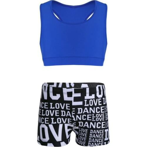 TiaoBug Child Girls Dance Wear Crop Top with Letters Printed Bottoms Ballet Dance Workout Gymnastics Leotard Shorts Tank Top Set