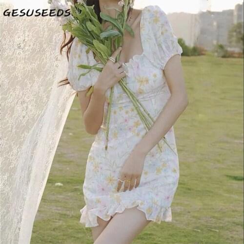 Kawaii Dress Women Summer Floral Dresses White Puff Sleeve Dress Square Neck Ruffle Dresses Vintage Lace Patchwork Dress 2021