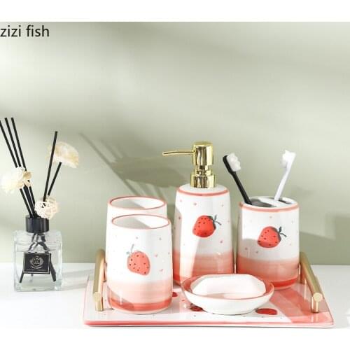 Strawberry Pattern Ceramic Bathroom Set Press Emulsion Dispenser Container Toothbrush Holder Soap Bathroom Set Accessories