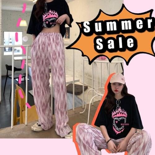 Summer 2021 Korean Fashion Womens Pants Wide-Leg Pants Tie-Dye Drape Egirl Hip-Hop Loose Fluid Straight-Leg Womens Trousers