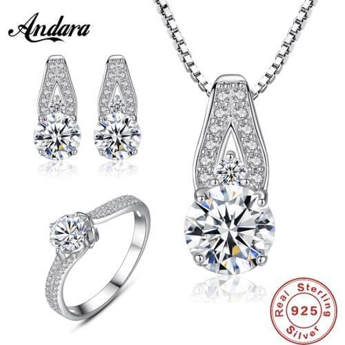 Hot Sale 925 Sterling Silver Jewelry Sets Classic Geometric AAA Zircon Necklace Earrings Rings Set Women Jewelry Gift