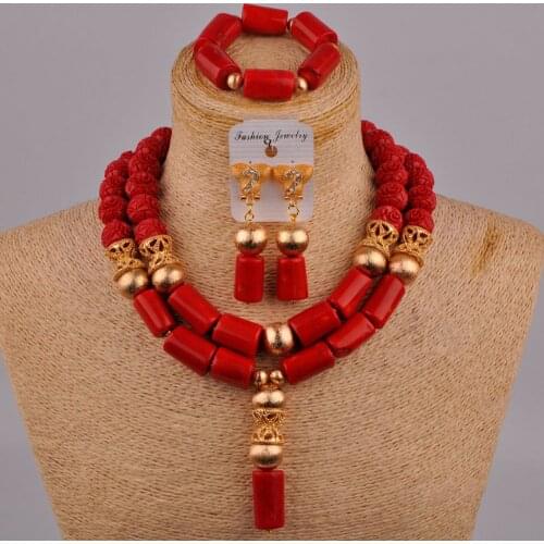 Nigeria Wedding Jewelry Red Natural Coral Bead Necklace African Ladies Wedding Dress Accessories Set AU-195