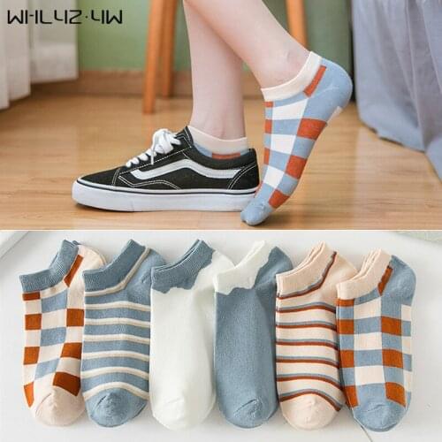 5 Pairs Summer Cotton Woman Girl Ankle Socks Grid Striped Harajuku Street Fashion Breathable Invisible No Show Socks Novelty