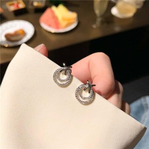 New Arrival Lovely Cross Stud 925 Sterling Silver Simple Double Circle Design Ear Studs Fashion Earrings for Women Fine Gift