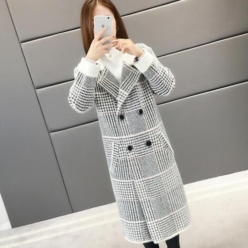 Autumn Winter Loose Long Woolen Jacket Tops Ladies Sweet Blends Coats Fashion Faux Mink Fur Plaid Coats Women RE2028