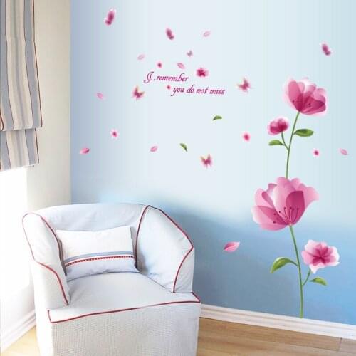 Romantic Pink Flowers Butterfly PVC Wall Decor Stickers Wedding Room Bedroom Decoration Removable Self Adhesibve Vinyl Wallpaper