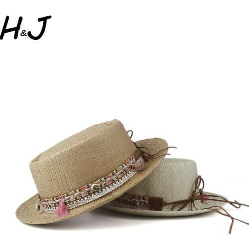 Big Size Women Men Straw Sun Hat Summer Pork Pie Hat Sunbonnet Hat Lady Flat Boater Beach Panama Sunhat Boater Hat Size 57-60CM