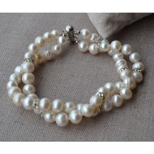 Wedding Pearl Jewelry White Color Real Freshwater Pearl Bracelet 2 Rows Rhinestone Beads Magnet Clasp Handmade Women Gift