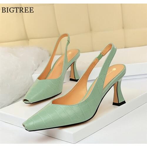 Stone Pattern Classic Women Pumps High Heels Square Toe Slingbacks Shoes Soft Leather Woman Pointed Toe Office Shoes Lady Sandal