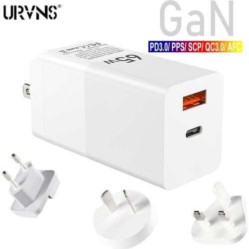 URVNS GaN 65W 2-Port Wall Charger PD 3.0 USB Fast Charging Power Delivery Adapter for MacBook iPad Pro, iPhone 11, Galaxy S9 S10