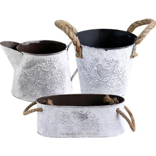 Vintage Metal Iron Hemp Rope Handles Flower Garden Shabby Vase Pot Succulent Plants Bucket Planter Decor Flower Pot